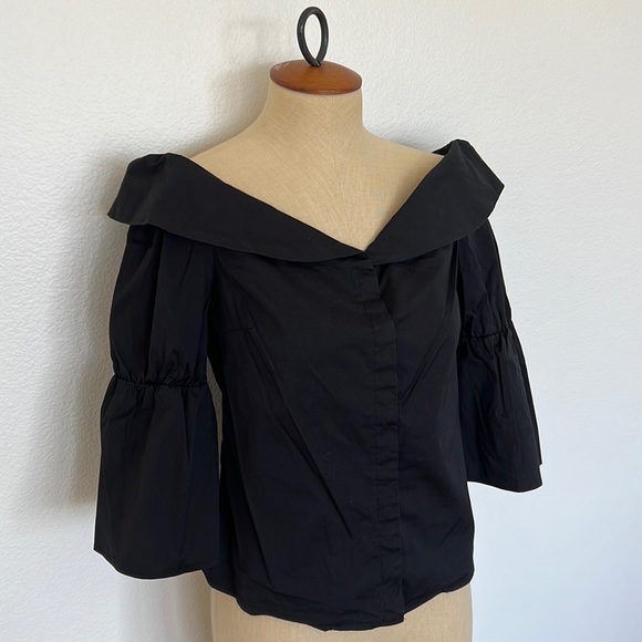 Zara Off Shoulder Button Up 3/4 Sleeve Black Shirt Size M - Picture 2 of 11
